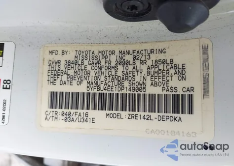 2013 Toyota Corolla L from USA, damaged, VIN 5YFBU4EE1DP149005